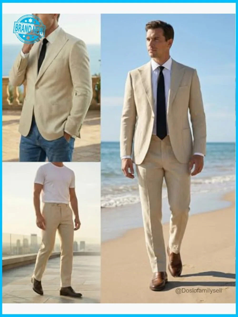 Linen Suit Two Piece Set Slim Fit Business Wedding Prom Tuxedo Blazer Pants